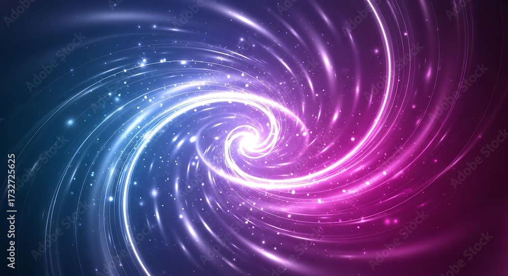 Naklejka premium A dynamic spiral design featuring vibrant purple and blue hues, glowing light streaks, and shimmering particles creates an eye-catching abstract background.