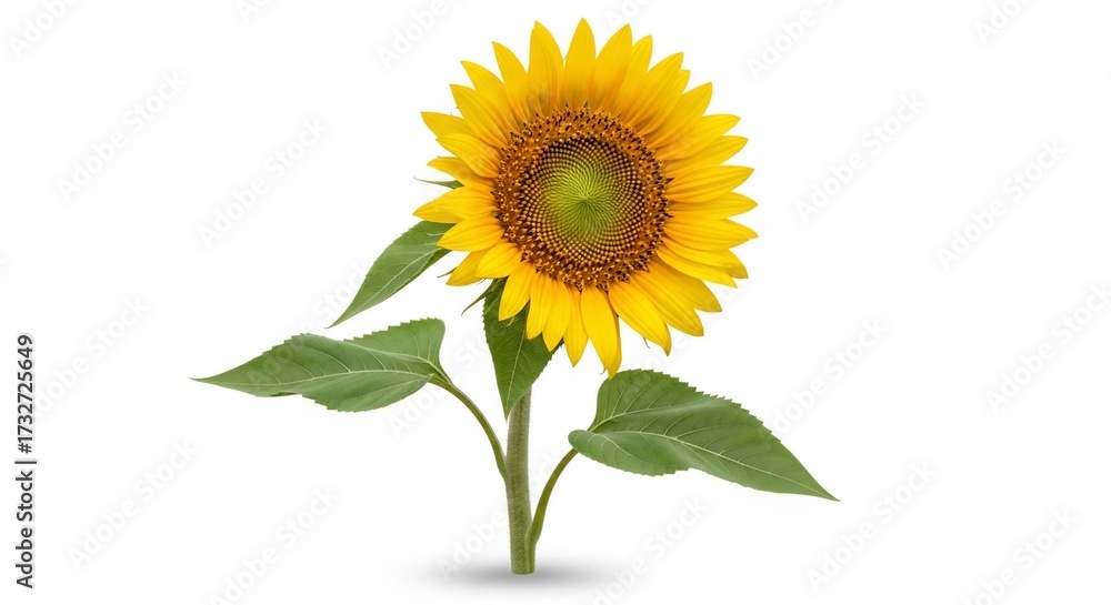Obraz premium Sunflower in Bloom: A vibrant sunflower in full bloom stands tall, showcasing its radiant yellow petals and lush green leaves, evoking a sense of joy and vitality.