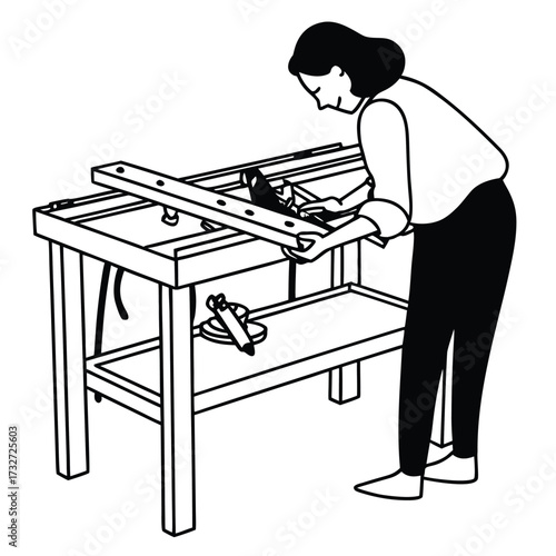 Woman Sawing Wood On A Workbench In Line Art Style Keywords: woman, person, female, sawing, wood, cutting