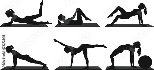 Collection of female Pilates and yoga silhouettes performing various exercises on a mat, perfect for health, fitness, and wellness content, vector illustration