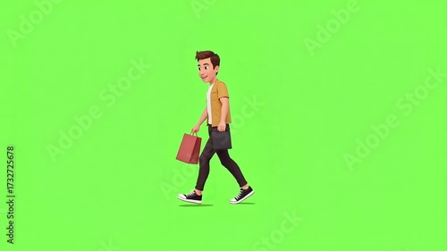 Young man happily walking with shopping bags and a briefcase, moving forward with purpose