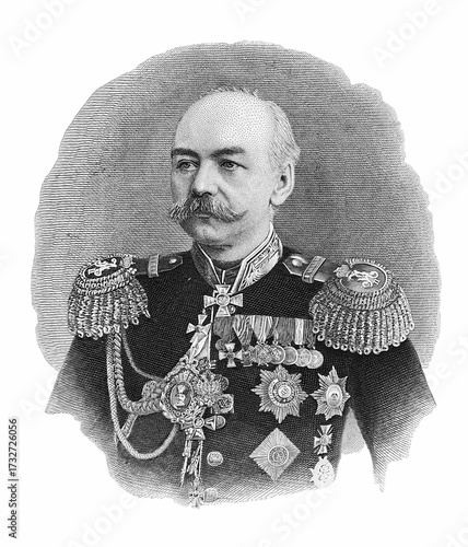 Konstantin Petrovich von Kaufman, Russian military and statesman, engineer-general, adjutant general, who led the annexation of Central Asia, old vintage illustration, 1876