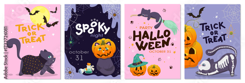 A set of Halloween-themed vector illustrations. Cats in funny costumes of Dracula, Jack-o -lantern, skeleton, and witch on a broom. Perfect for seasonal decorations and design projects.