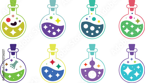 Eight Colorful Potion Bottles with Bubbles and Sparkles on a White Background Keywords: potion, bottle, magic, elixir, liquid, colorful, vibrant, fantasy, science, experiment, chemistry, bubbling