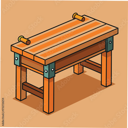 Wooden Workbench With Metal Brackets And Yellow Bench Dogs Keywords: workbench, table, wood, wooden