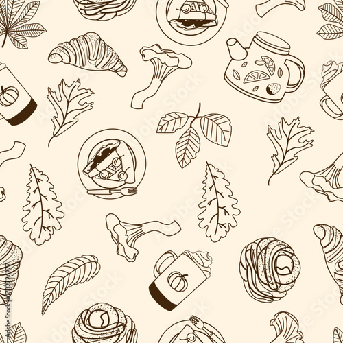 Cozy autumn seamless pattern. Fall season print. Hand drawn illustration in line style with fall finds. Great for fabric, wallpaper or gift wrapping print	