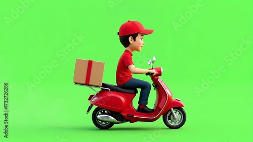Dynamic cartoon delivery person on a red scooter with a package, conveying speed and efficiency for modern logistics.