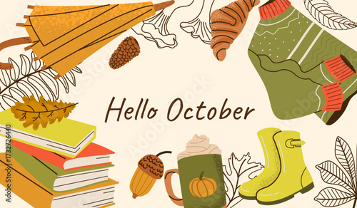 Frame of autumn design in bright colors. Vector trendy background with cozy fall elements. Hello autumn. Great for invitations, banners, greeting card, brochure