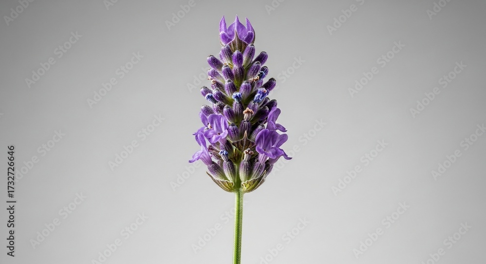 Fototapeta premium Lavender Elegance: A singular stem of lavender showcases its delicate purple blooms, offering a fresh, elegant touch against a muted backdrop.