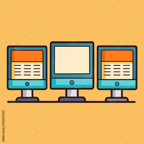 Three retro style computer monitors displayed side by side on a desk