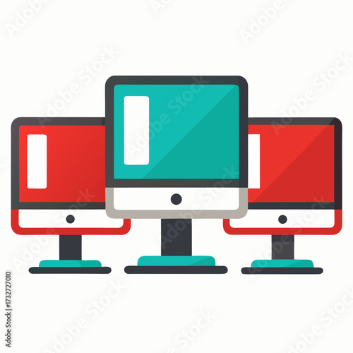 Three flat design computer monitors in red and teal colors arranged in a row
