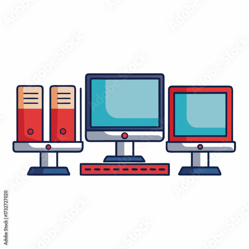 Digital technology setup with two computer monitors and file binders on a white background