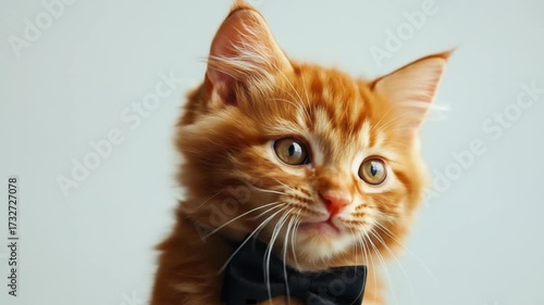 Close-up of a ginger kitten wearing a bow tie, looking directly at the camera with large expressive eyes.   