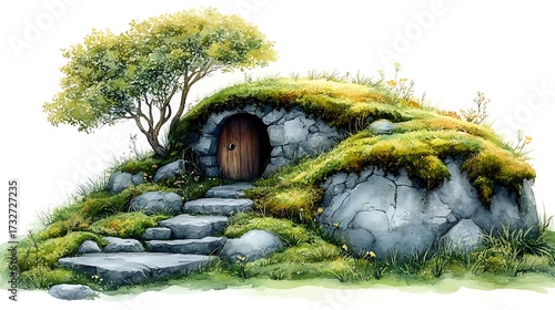 Fantasy stone cottage with mossy surroundings