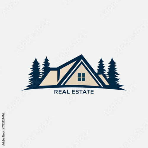 Flat Vector Real Estate Logo,
Modern stylized logo of a house with trees, representing real estate and home ownership.