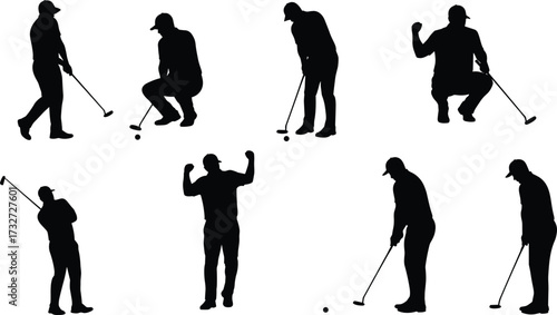 Collection of golf player silhouettes in various poses, including putting, swinging, and celebrating, a vector illustration for sports, recreation, and business design