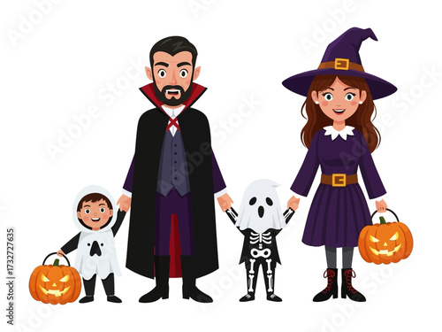 Halloween Family: A family dressed in Halloween costumes, with a pumpkin-shaped basket, creating a heartwarming Halloween scene.