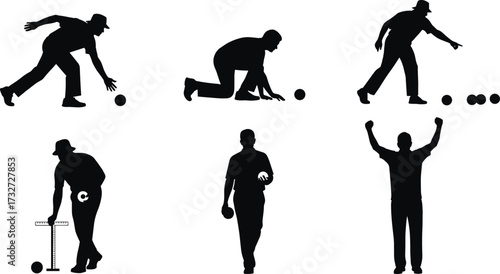 Dynamic silhouettes of people playing bocce ball and bowls, including aiming, throwing, and celebrating for sports and recreation concepts