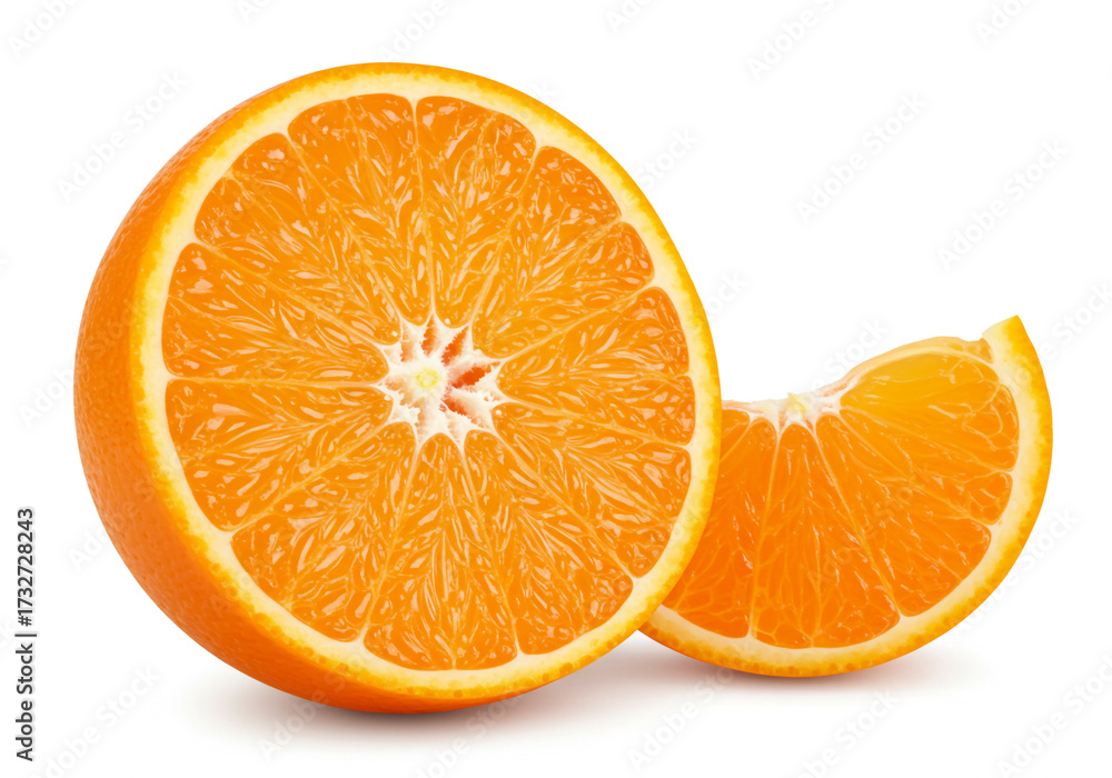 Fototapeta premium Freshly cut orange with juicy slice ready for healthy eating, vitamin C boost, or vibrant summer recipes on white background for bright, happy vibes