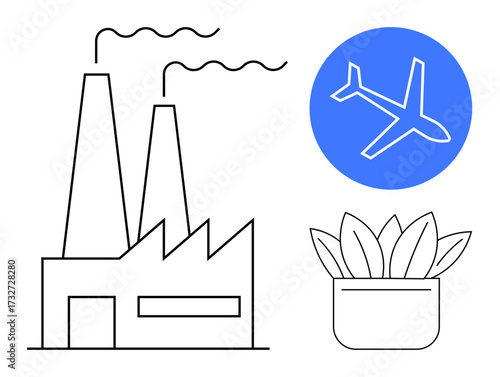 Factory with chimneys emitting smoke, a blue airplane icon, and a potted plant. Ideal for sustainability, industry, pollution, travel, environmental awareness, carbon footprint renewable resources