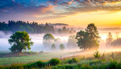 Papier peint photo Pantone 2025 Mocha Mousse A sunrise bathes a misty meadow with golden light. Trees emerge from the fog-filled valley, creating a serene landscape  © Kedelai