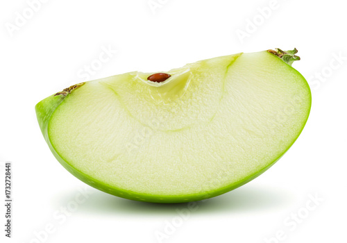 Crisp Granny Smith apple slice offering a refreshing bite, perfect for healthy snacks, vibrant ads, or culinary projects craving fresh, natural appeal