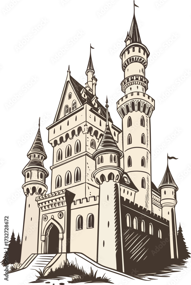 Obraz premium Whimsical hand drawn castle illustration for fairytales
