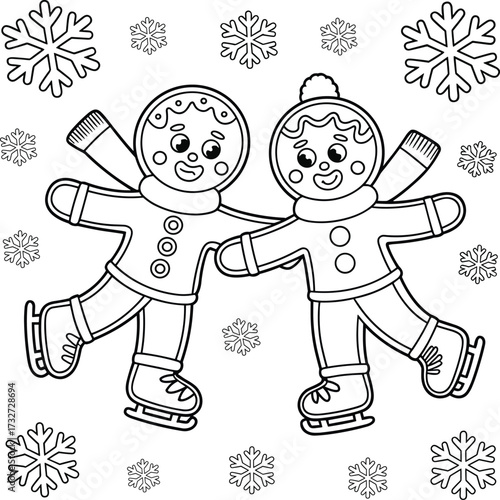 Two gingerbread people ice skating surrounded by snowflakes vector