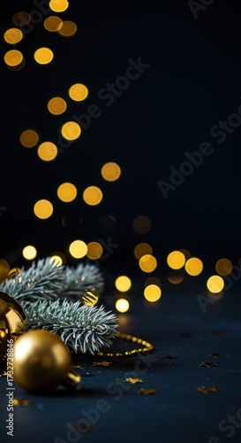 Christmas decorations with golden ornaments and pine branches on dark background  