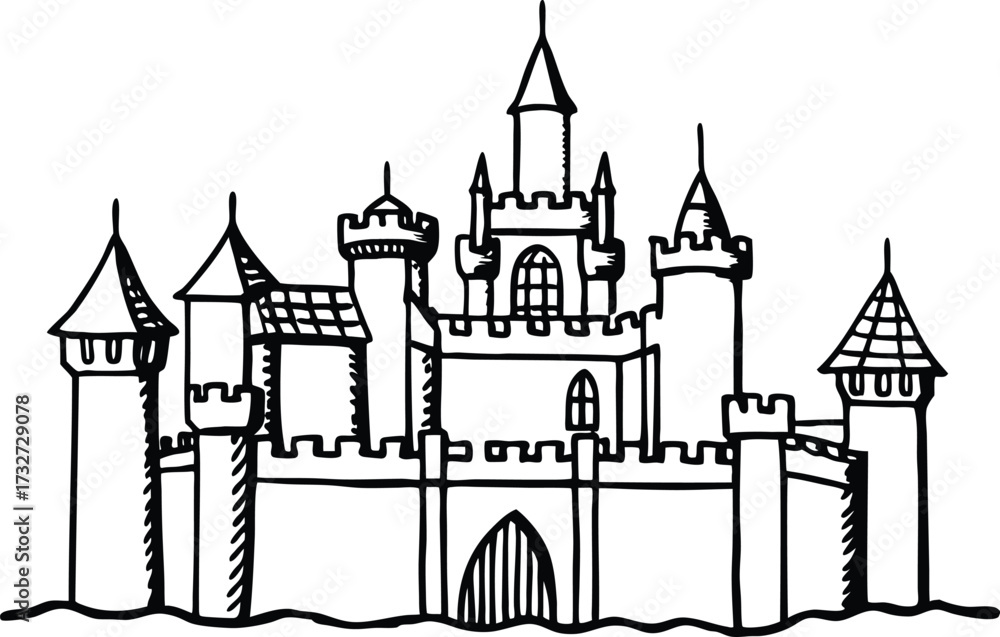 Fototapeta premium Whimsical hand drawn castle illustration for fairytales