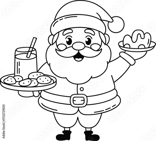 Santa Claus holding a tray with cookies and milk and a plate of treats christmas