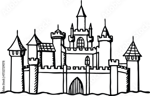 Whimsical hand drawn castle illustration for fairytales