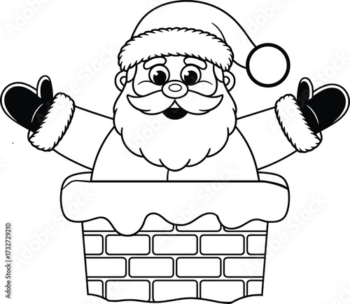 Santa Claus peeking out of a brick chimney with arms raised christmas