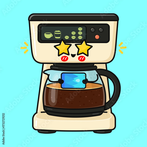 Coffee maker character holding tablet with fingerprint