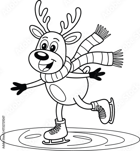 Cartoon reindeer wearing scarf ice skating on frozen pond animal
