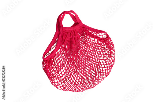 Eco-friendly reusable grocery bag. Bright pink string bag isolated on white background.