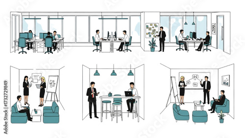 Remote Work and Hybrid Office Set – Vector Illustration of Modern Workspace Concepts AI EPS PNG JPEG