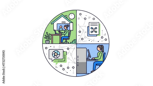 Remote Work and Hybrid Office Set – Vector Illustration of Modern Workspace Concepts AI EPS PNG JPEG