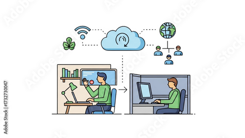 Remote Work and Hybrid Office Set – Vector Illustration of Modern Workspace Concepts AI EPS PNG JPEG