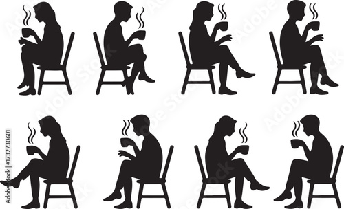  Drinking coffee silhouette vector on white background