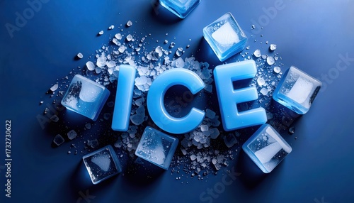 Cool Cubes: A vibrant composition of translucent ice cubes scattered on a cool, azure surface, forming the word ICE with a refreshing, crystalline aesthetic.