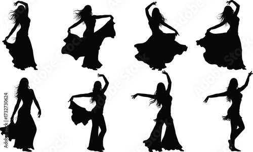 Elegant silhouettes of belly dancers in various dynamic poses with flowing veils and skirts for dance, culture, and performance art themes