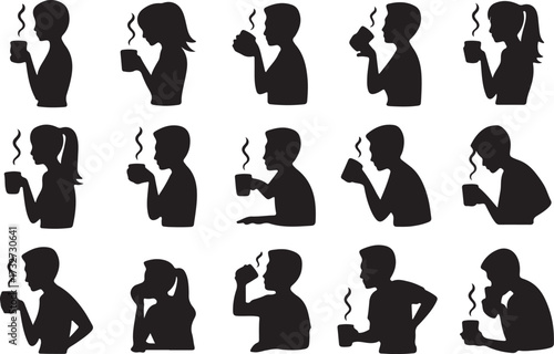  Drinking coffee silhouette vector on white background