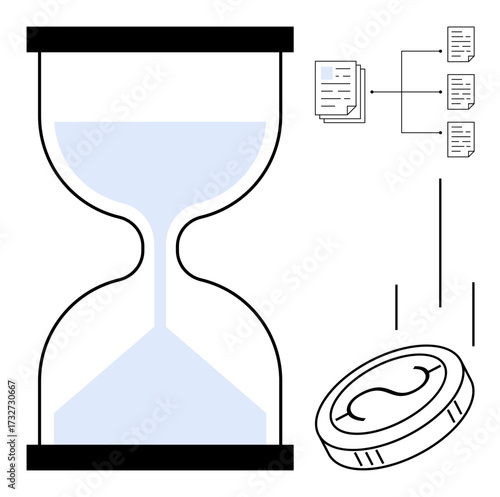 Hourglass tracking time, coin symbolizing financial value, document flowchart implying process organization. Ideal for time management, finance, investment, workflow, business planning, resource