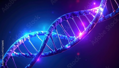 Futuristic DNA Strand: Captivating 3D render depicts a detailed DNA strand, illuminated by vibrant purple and blue lights.