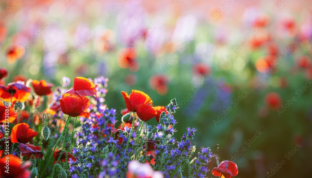 Obraz premium Vibrant Poppy Field: A picturesque field of vibrant red poppies and delicate purple flowers dances in the sunlight, creating a breathtaking tapestry of color. A serene visual of the beauty of nature.