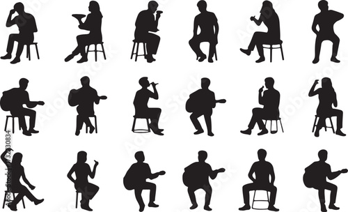 Eating, Singing, Playing guitar silhouette vector on white background