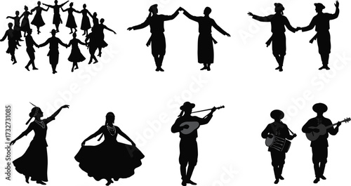 Silhouettes of traditional folk dancers and musicians, showing group dancing, solo performers, and instrument playing for cultural themes