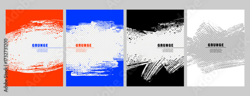 Vector illustration. Grunge hand drawn overlay set. Smears of ink brush strokes. Design for flyer, poster, invitation, gift card, photo frame. Colored layers with paint splash and halftone dots