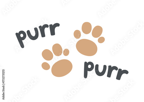 Purr purr lettering with paw prints. Cute cartoon cat typography design. Funny text vector illustration for cards, posters, stickers, t-shirts, and pet themed decoration.